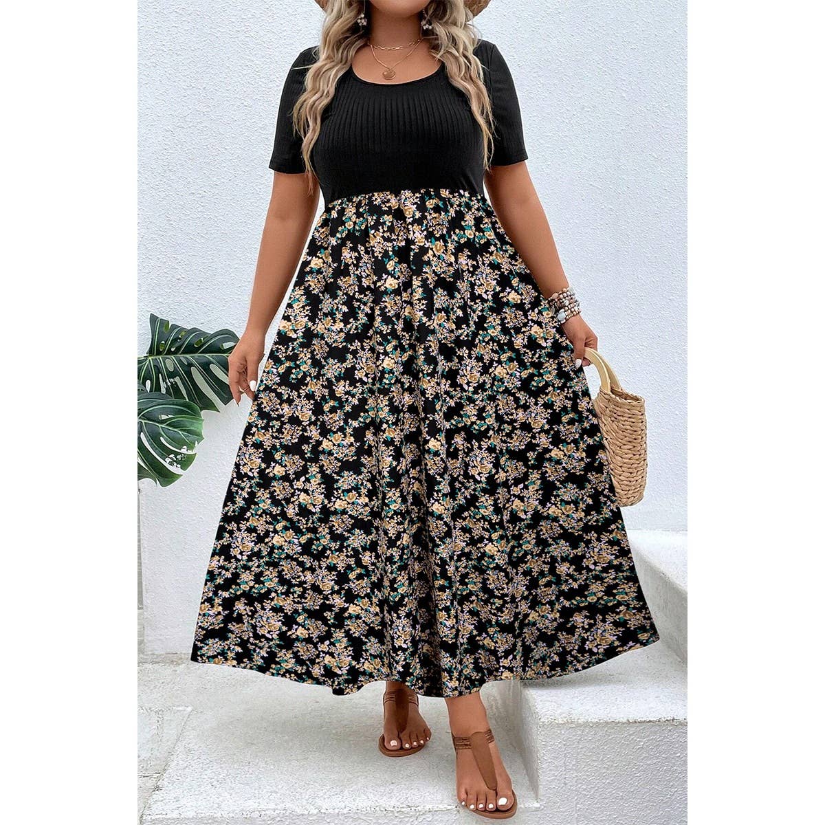 Plus Floral Print Elastic Fit High Waist Dress