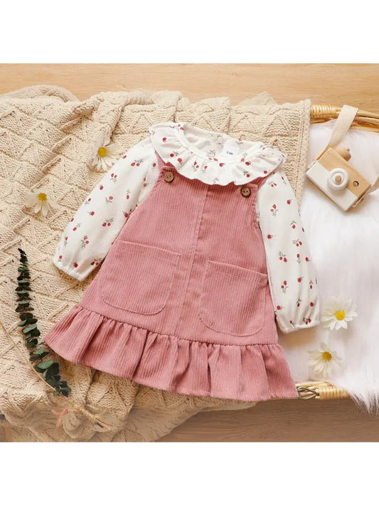 2pcs Cherry Corduroy Romper Set 3-6