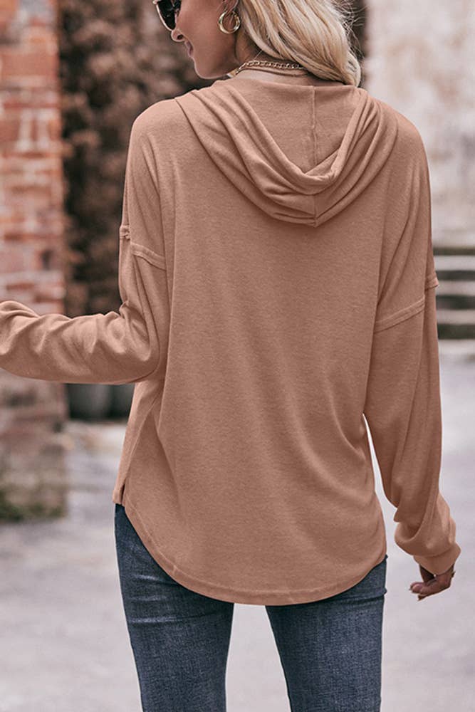 V Neck Button Design Plain Hoodie