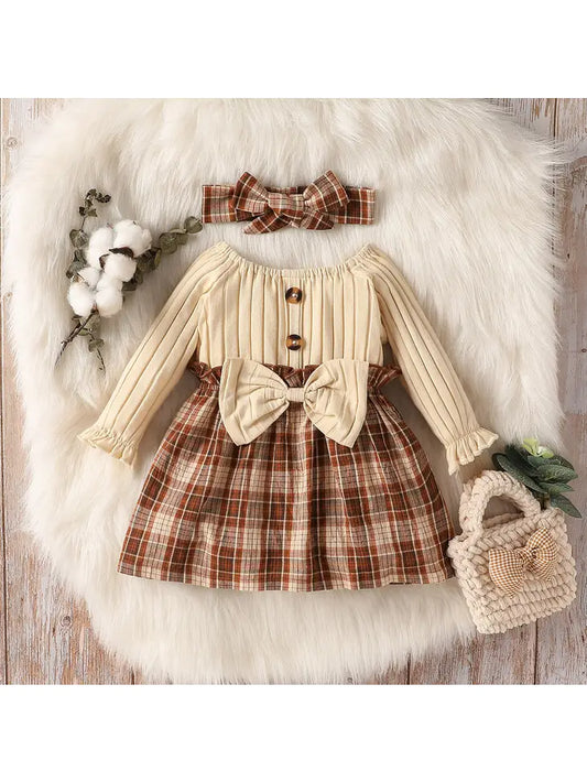 2pcs Kahki and Brown Plaid Dress w Headband - 12-18