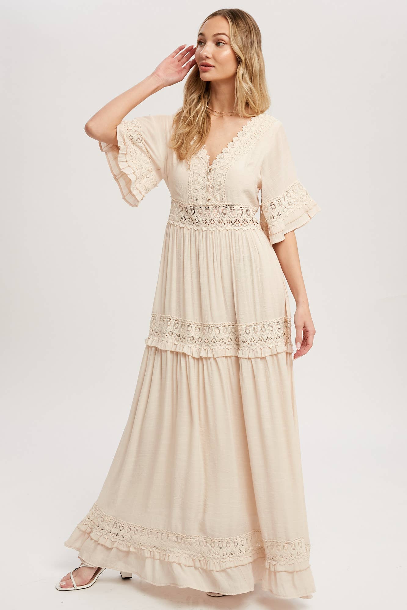 V-NECK LACE TRIM MAXI DRESS