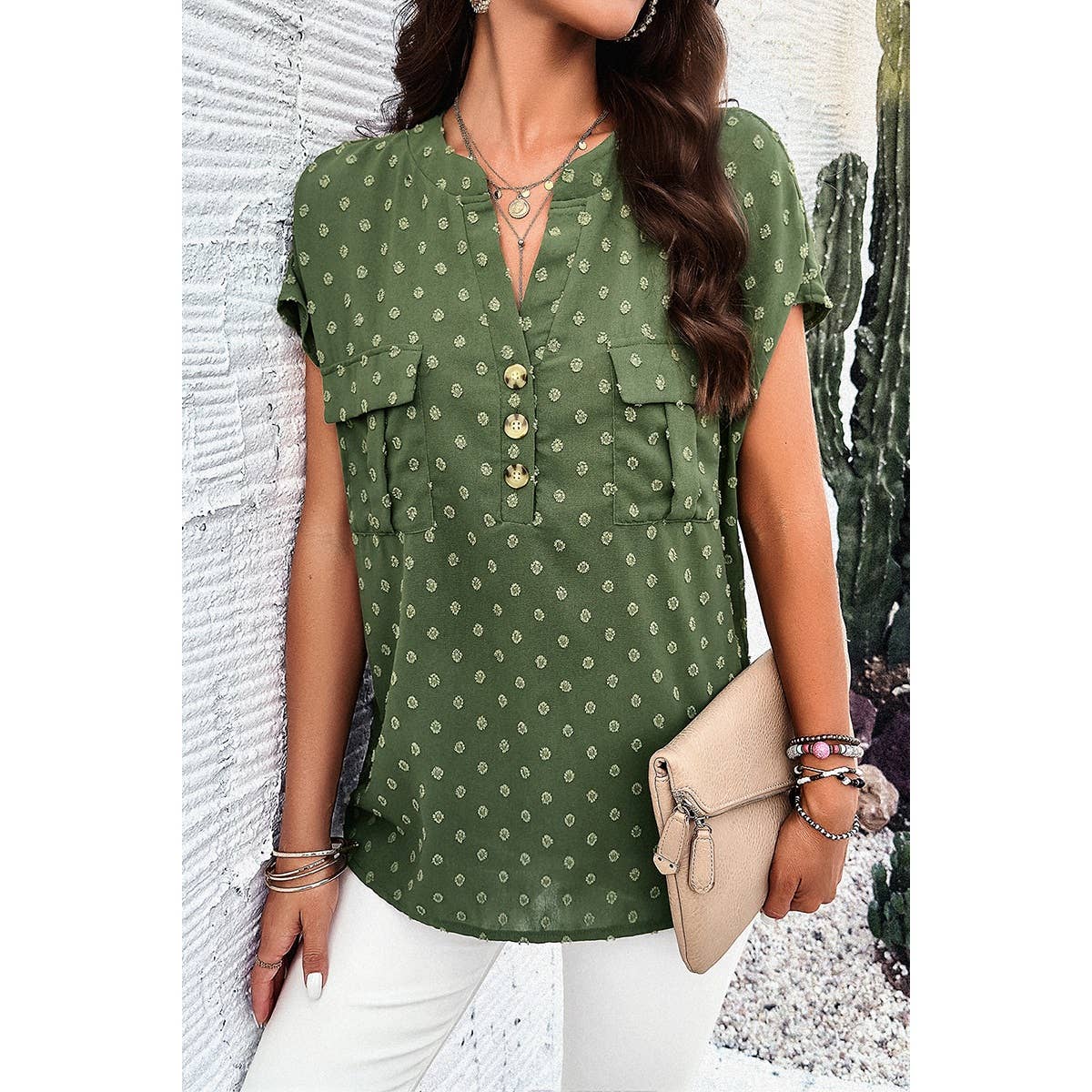 Swiss Dot Button Solid Pockets Loose Blouse