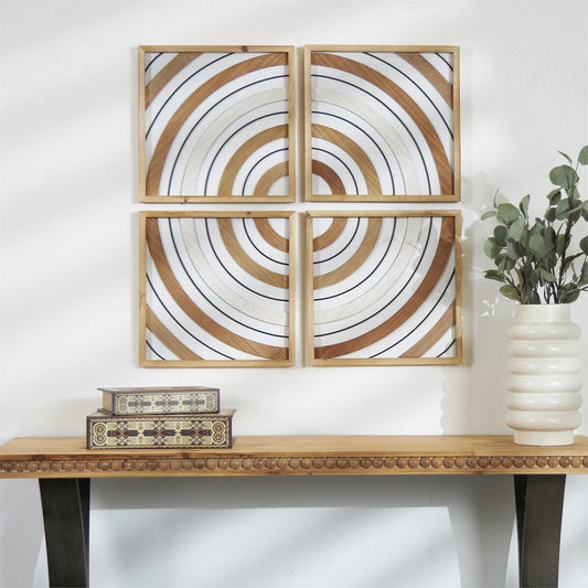 BROWN WOOD GEOMETRIC HANDMADE MIXED MEDIA WALL DECOR WITH VARYING CIRCLES, SET OF 4