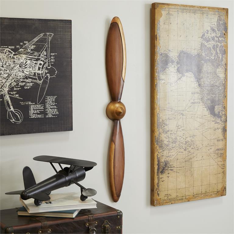 DISTRESSED BROWN METAL AIRPLANE PROPELLER 2 BLADE WALL DECOR WITH AVIATION DETAILING