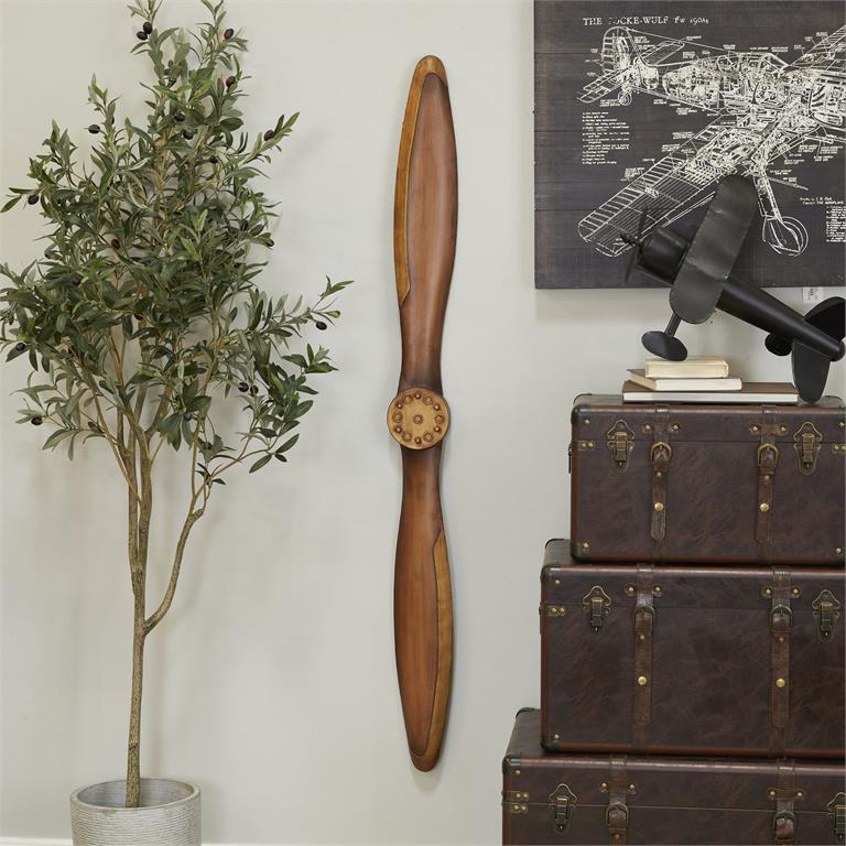 BROWN METAL AIRPLANE PROPELLER WOOD INSPIRED 2 BLADE WALL DECOR WITH GOLD AVIATION DETAILING