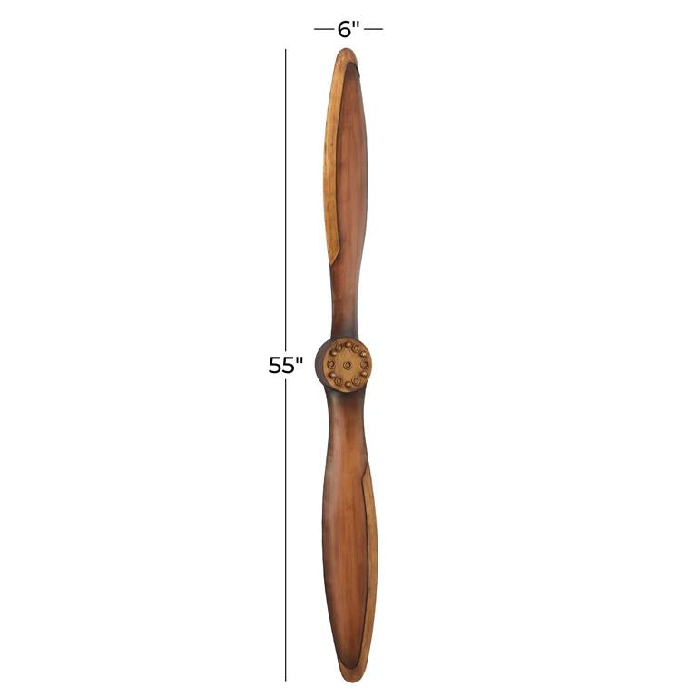 BROWN METAL AIRPLANE PROPELLER WOOD INSPIRED 2 BLADE WALL DECOR WITH GOLD AVIATION DETAILING