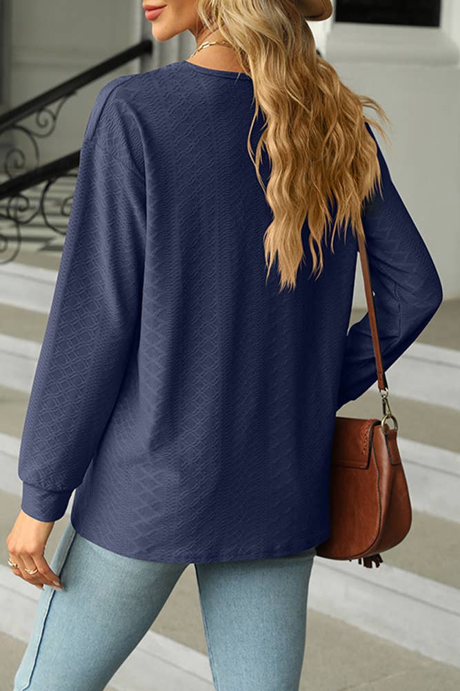 Solid V Neck Buttoned Jacquard Fall Blouse Top