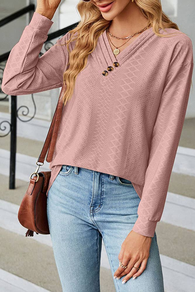 Solid V Neck Buttoned Jacquard Fall Blouse Top