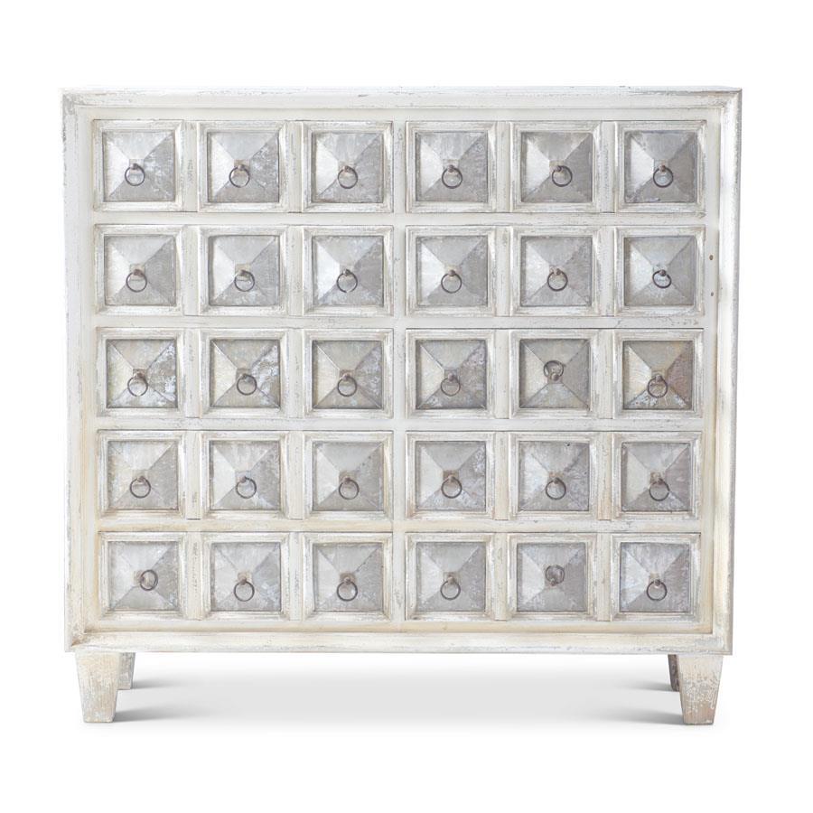 50 Inch Whitewashed 10 Drawer Chest w Inset Tin Raised Square