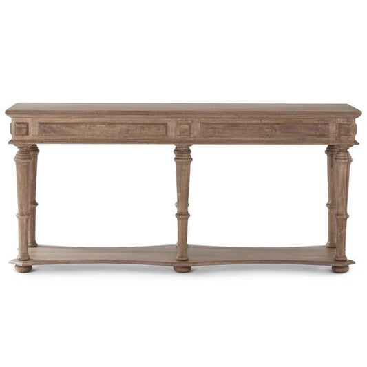 63 Inch Gray Washed Mango Wood Console Table w bottom shelf 6 legs