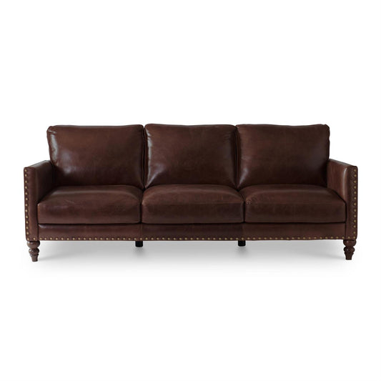 88 Inch Chestnut Brown Italian Leather Sofa w Nail Head Trim