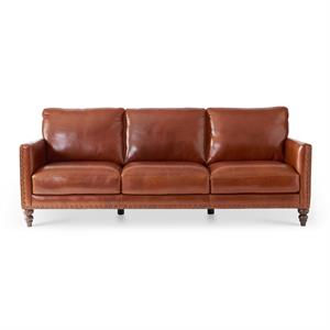 88 Inch Chestnut Brown Italian Leather Sofa w Nail Head Trim