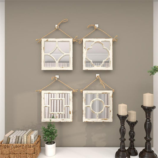 WHITE WOOD CARVED DESIGNS WALL MIRROR WITH ROPE HANGER, 4 ASSORTED