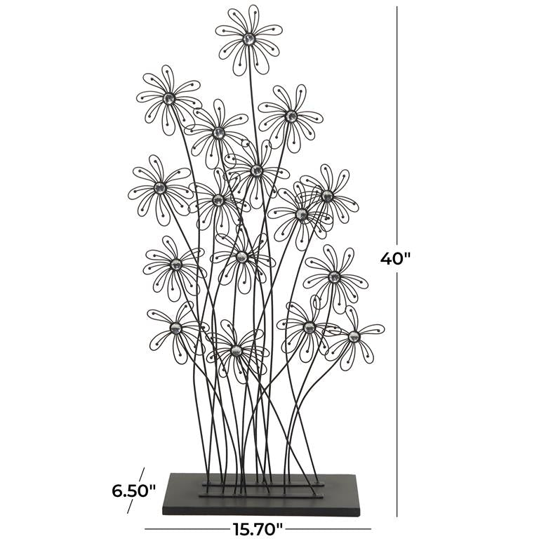 BLACK METAL FLORAL TALL SCULPTURE WITH CRYSTAL EMBELLISHMENTS, 16" X 7" X 40"