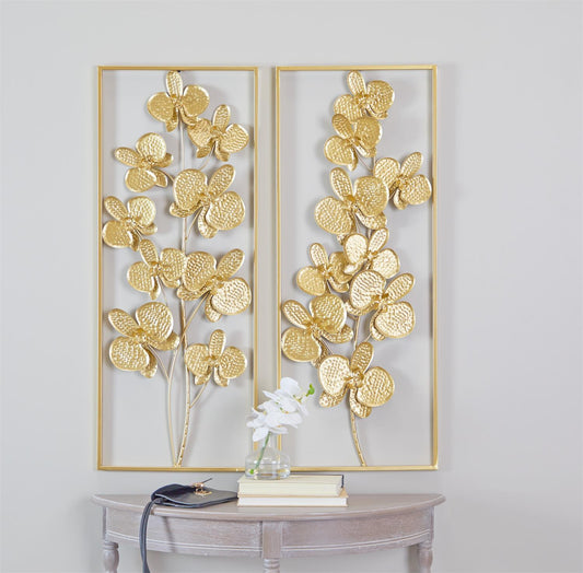 GOLD METAL FLORAL ORCHID WALL DECOR WITH GOLD FRAME, SET OF 2