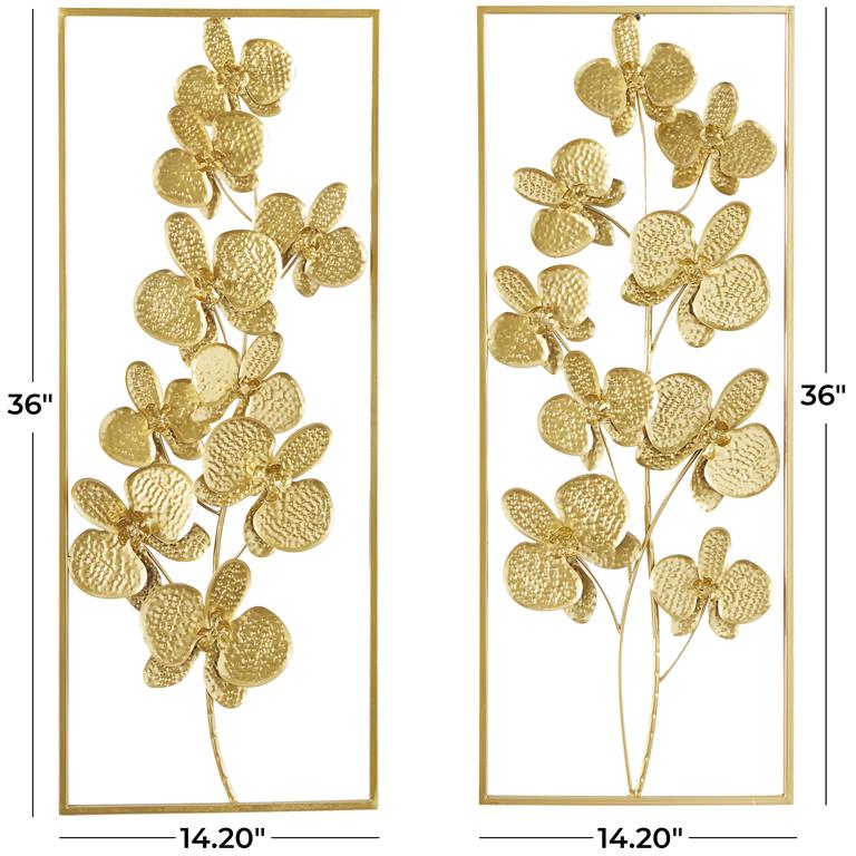 GOLD METAL FLORAL ORCHID WALL DECOR WITH GOLD FRAME, SET OF 2