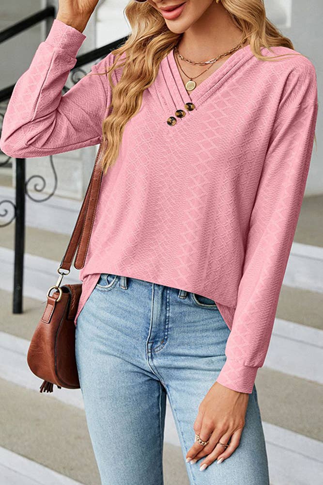 Solid V Neck Buttoned Jacquard Fall Blouse Top