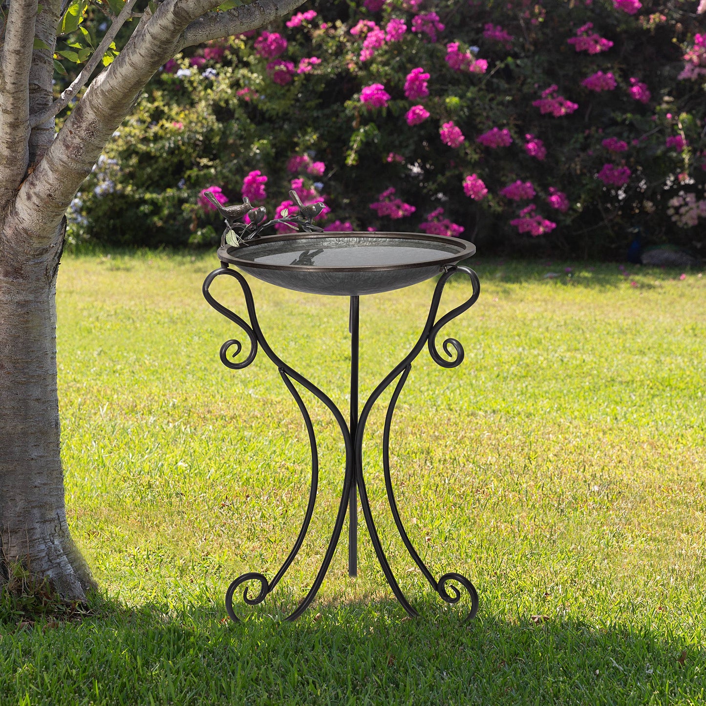 Scrollwork Metal Birdbath with Birds