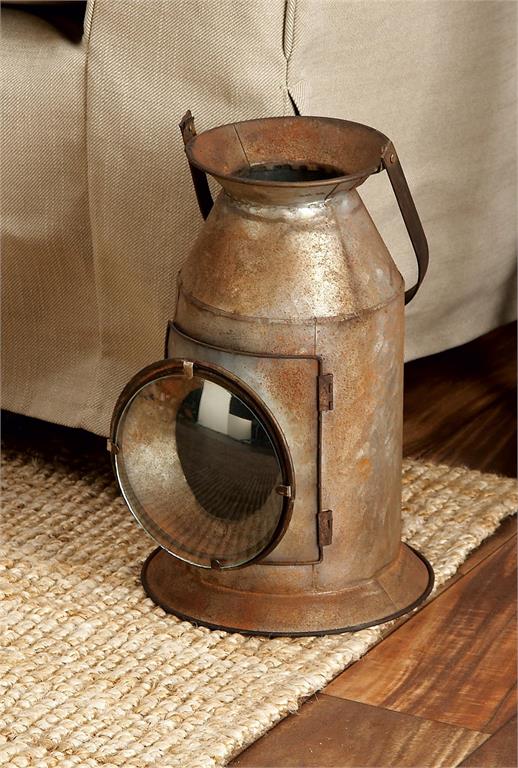 GRAY METAL DECORATIVE CANDLE LANTERN WITH HANDLE