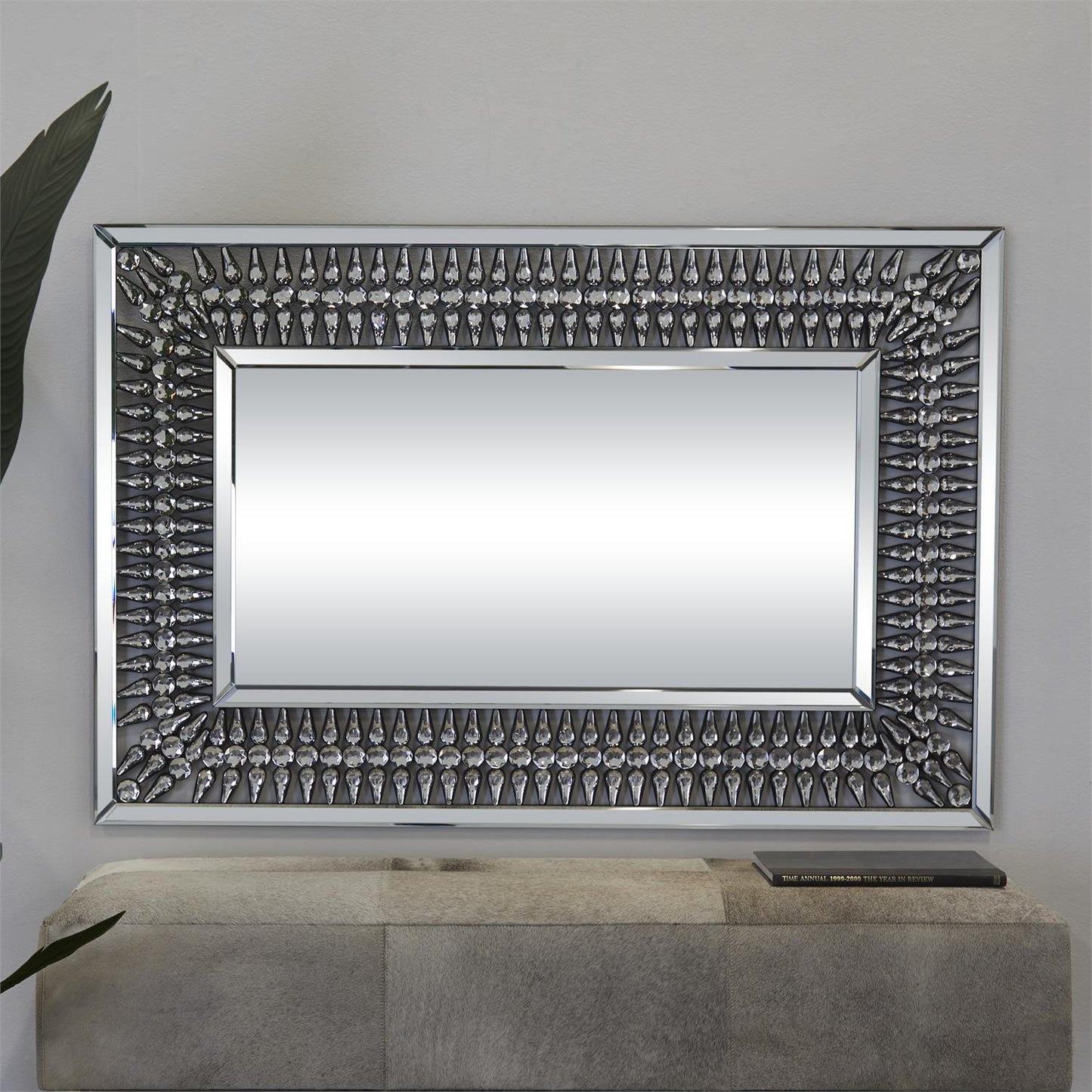 SILVER GLASS WALL MIRROR WITH CRYSTAL DETAILS, 48" X 1" X 32"