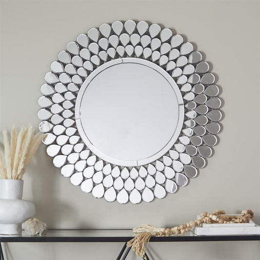 SILVER GLASS STARBURST WALL MIRROR WITH TEARDROP EMBELLISHMENT