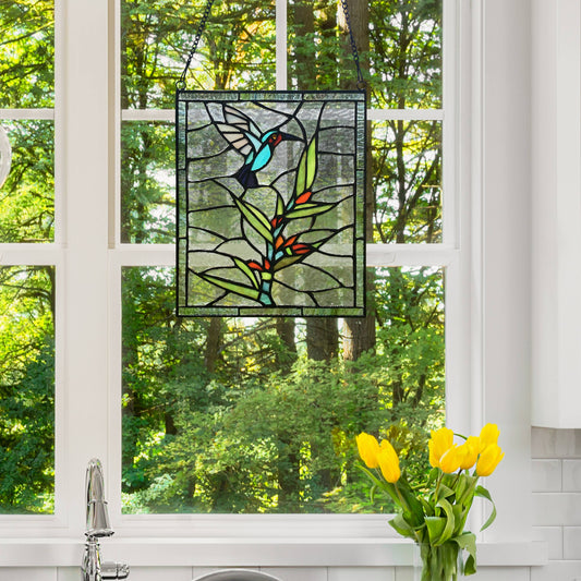 10"H Happy Hummingbird Stained Glass Window Panel