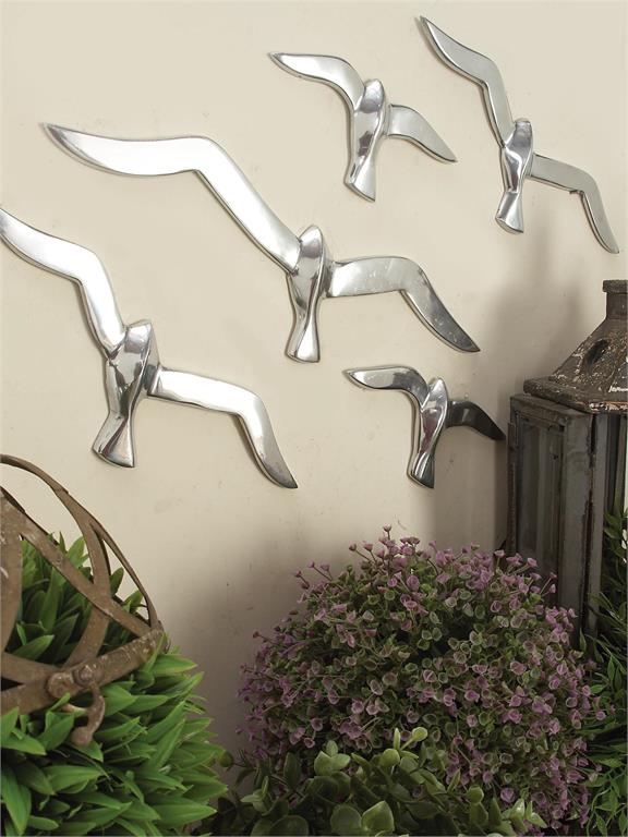 SILVER ALUMINUM METAL BIRD FLOATING FLOCK OF WALL DECOR