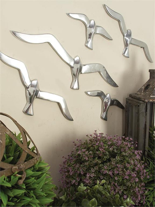 SILVER ALUMINUM METAL BIRD FLOATING FLOCK OF WALL DECOR