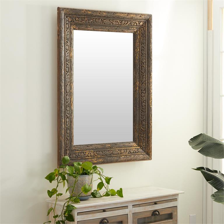 GOLD WOOD FLORAL HANDMADE INTRICATELY CARVED WALL MIRROR, 36" X 3" X 47"