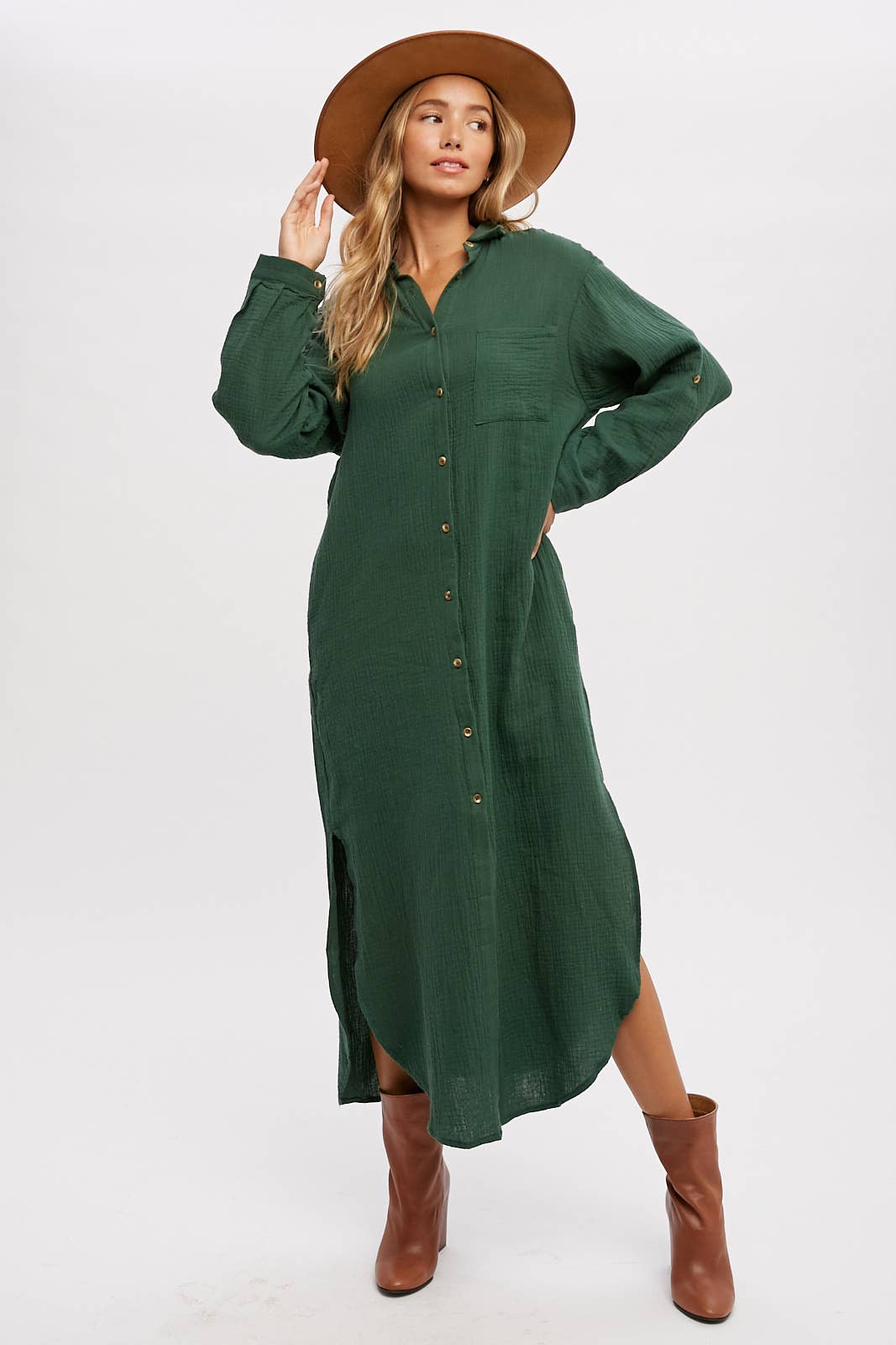 BUTTON UP MAXI SHIRT DRESS WITH POCKET