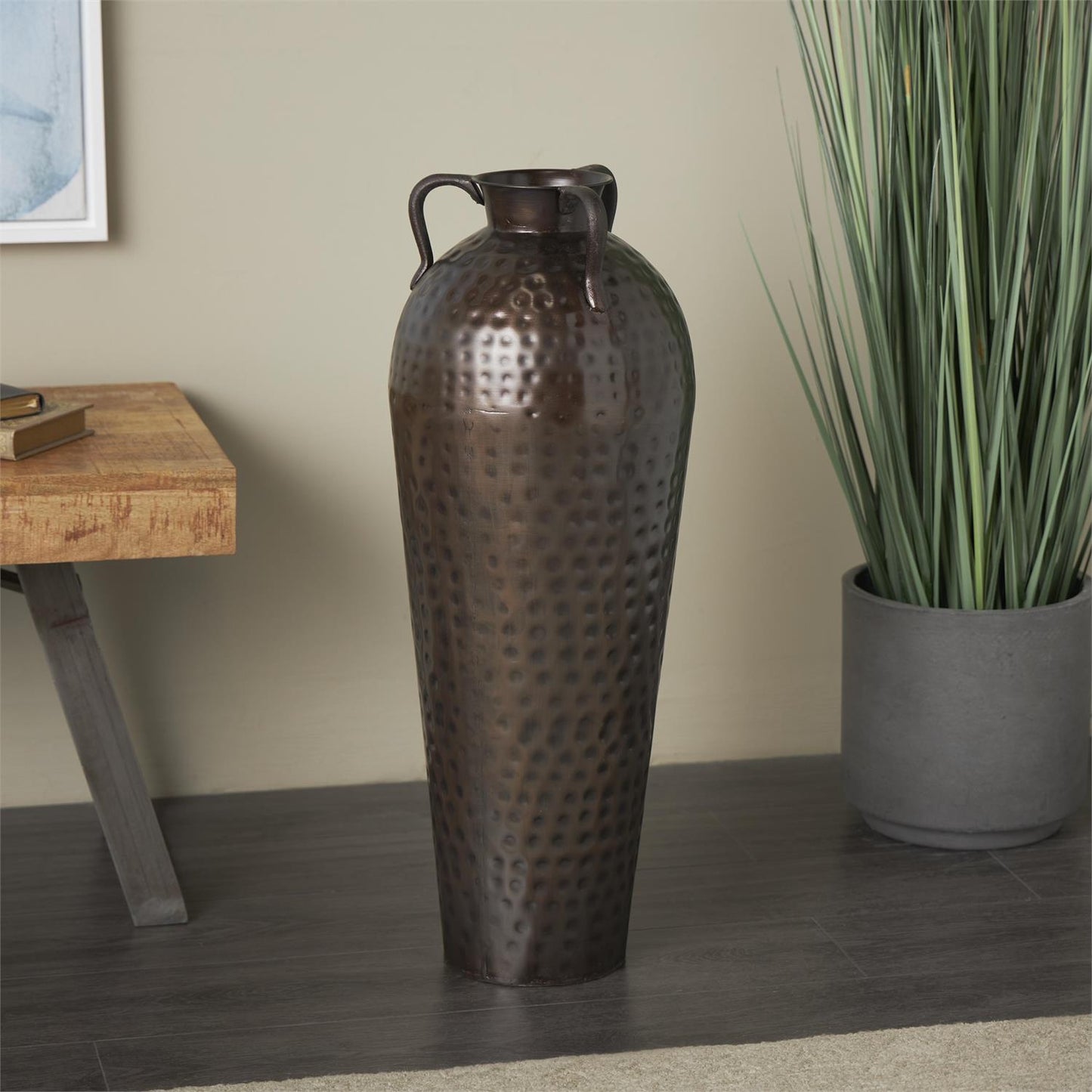 Brown Metal Tall Floor Mediterranean Style Vase with Hammered Details and Handles