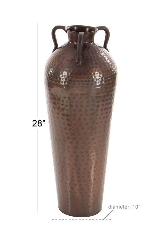 Brown Metal Tall Floor Mediterranean Style Vase with Hammered Details and Handles