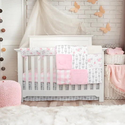 4 Piece Crib Bedding Set, Pink Floral