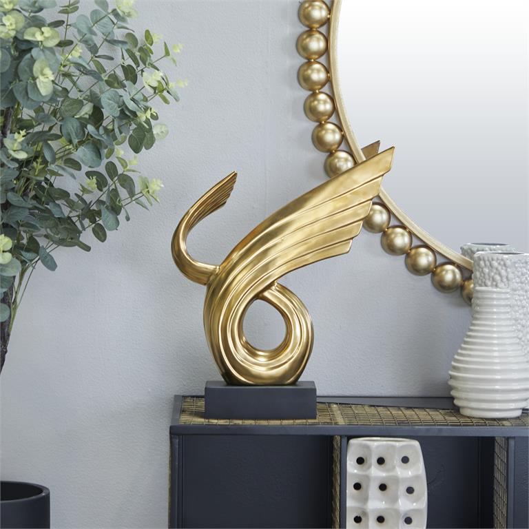 Gold Porcelain Ceramic Abstract Wing Sculpture with Black Base