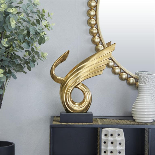 Gold Porcelain Ceramic Abstract Wing Sculpture with Black Base