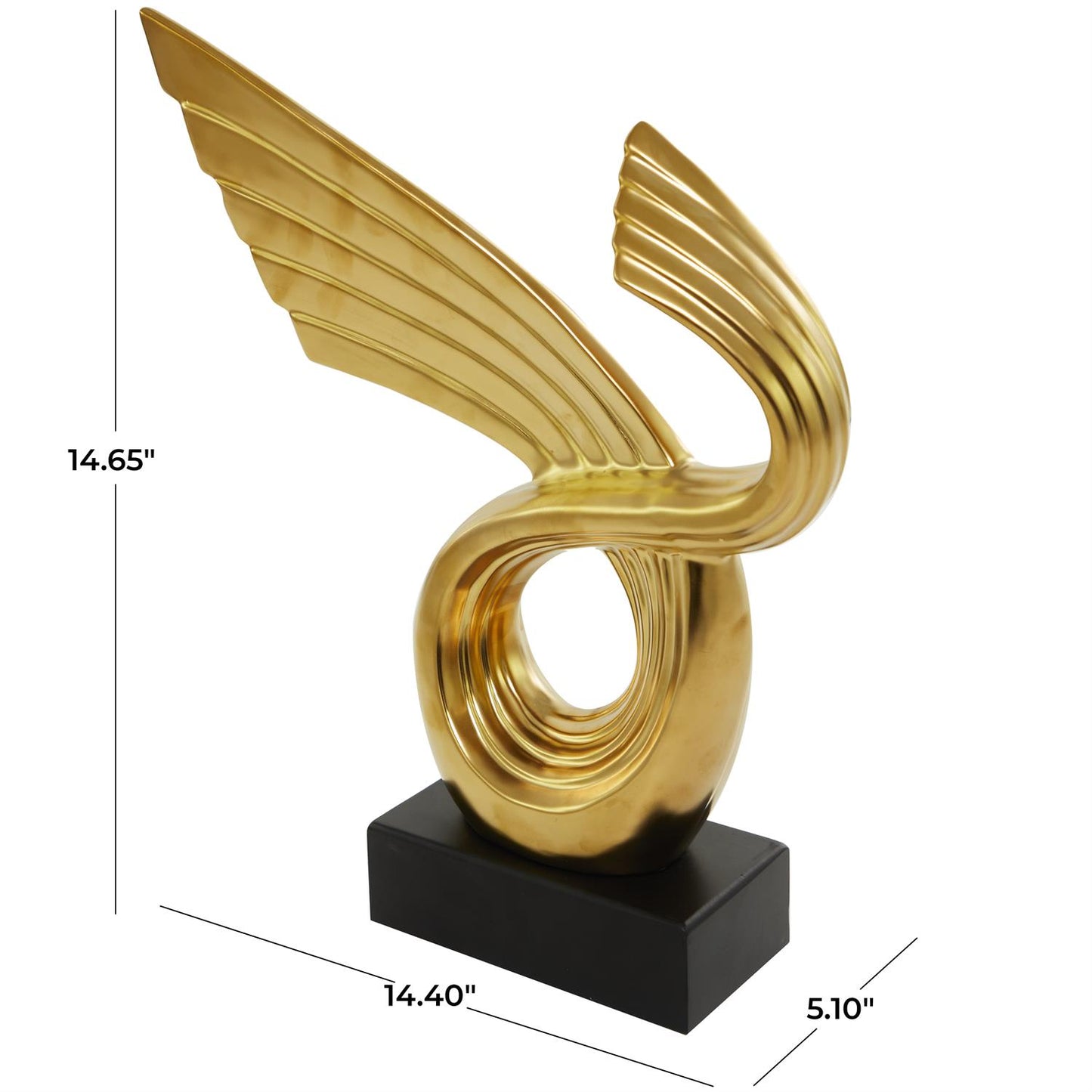 Gold Porcelain Ceramic Abstract Wing Sculpture with Black Base