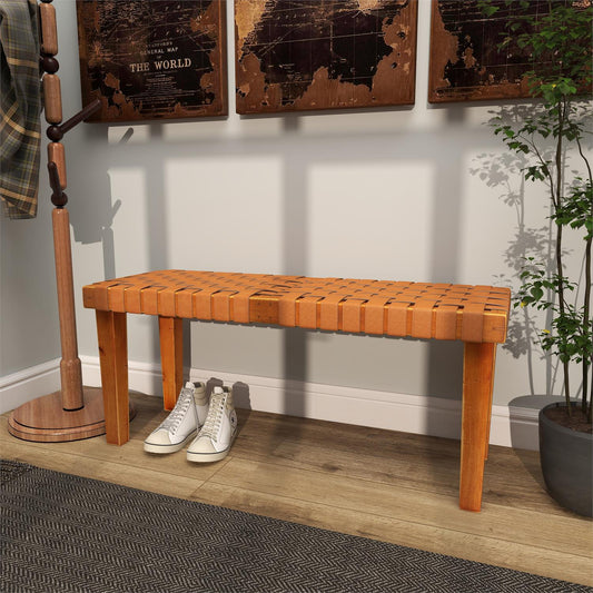 Faux Webbed  Lthr and Wood Bench