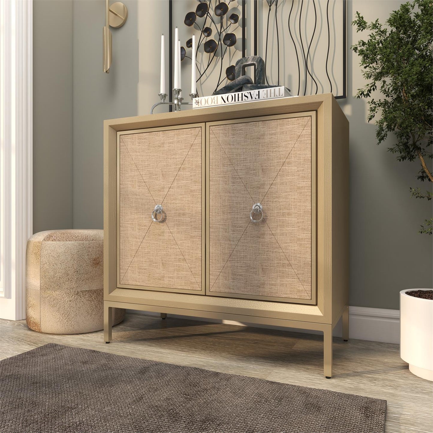 BEIGE WOODEN UPHOLSTERED FRONT PANEL 2 DOOR CABINET WITH MIRRORED TOP AND RING HANDLES