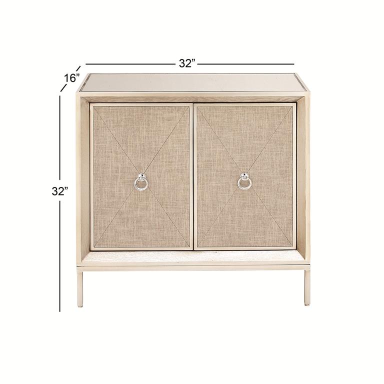 BEIGE WOODEN UPHOLSTERED FRONT PANEL 2 DOOR CABINET WITH MIRRORED TOP AND RING HANDLES