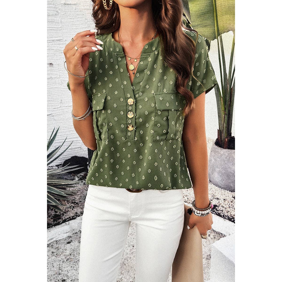 Swiss Dot Button Solid Pockets Loose Blouse