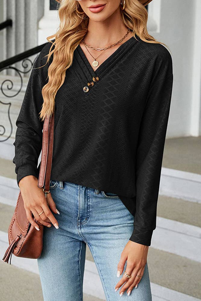 Solid V Neck Buttoned Jacquard Fall Blouse Top