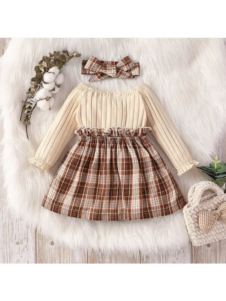 2pcs Kahki and Brown Plaid Dress w Headband - 12-18