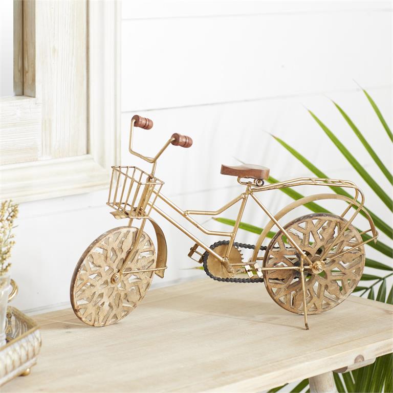 GOLD METAL BIKE SCULPTURE WITH CARVED WOOD WHEELS