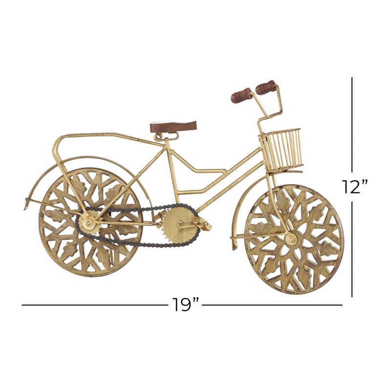 GOLD METAL BIKE SCULPTURE WITH CARVED WOOD WHEELS