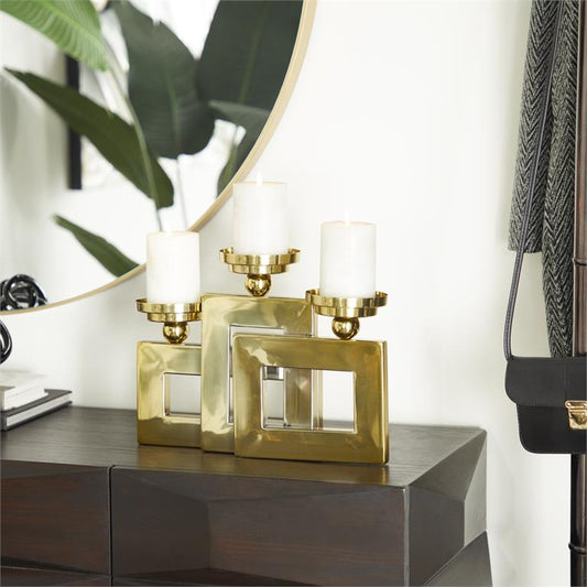 GOLD STAINLESS STEEL METAL PILLAR 3 PLATE CANDLE HOLDER