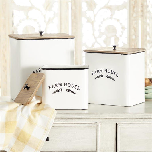 WHITE METAL FARM HOUSE CANISTERS WITH WOOD LIDS AND BLACK ACCENTS