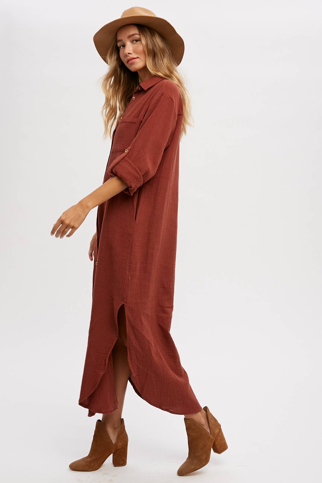 BUTTON UP MAXI SHIRT DRESS WITH POCKET