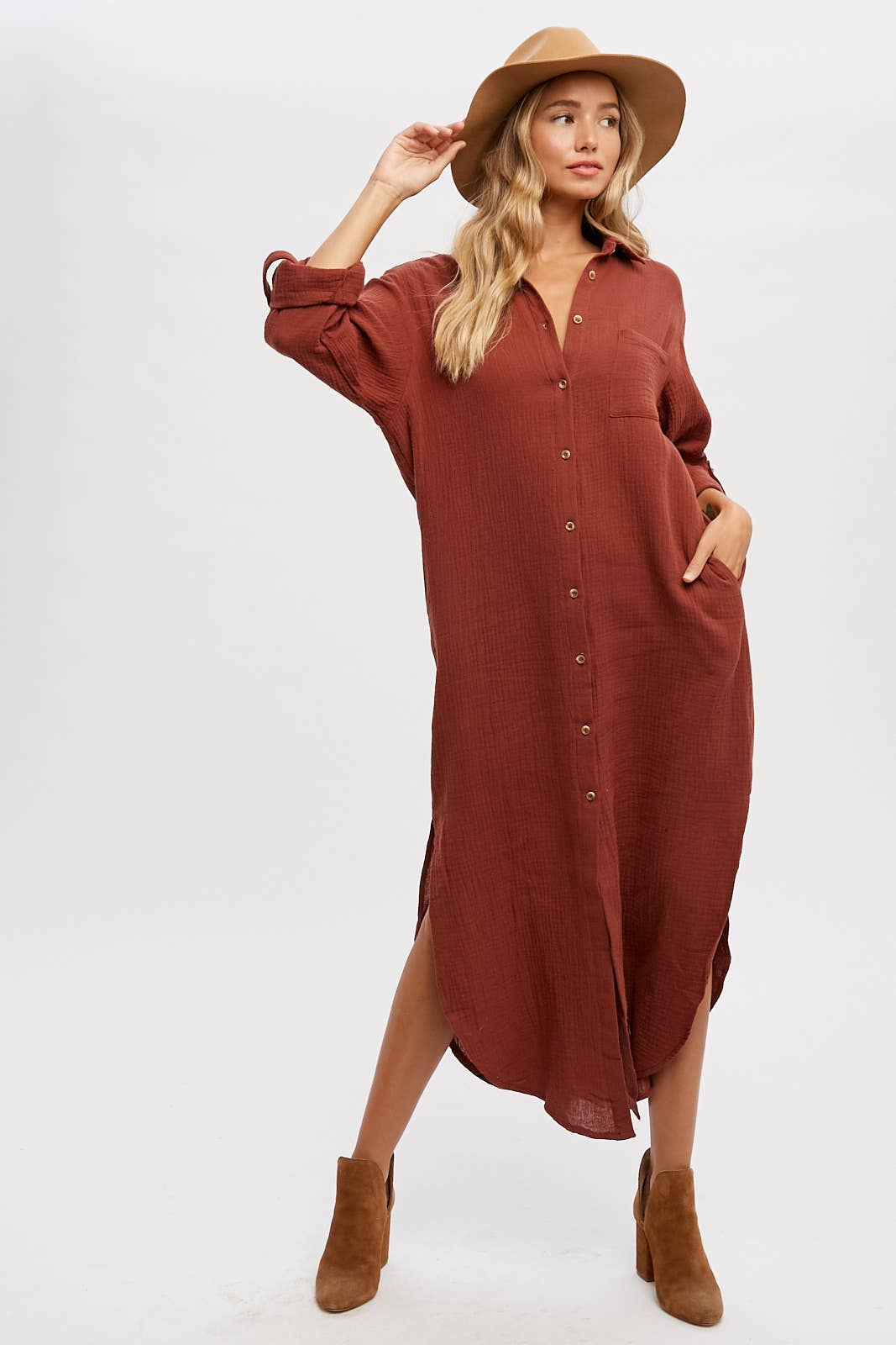 BUTTON UP MAXI SHIRT DRESS WITH POCKET