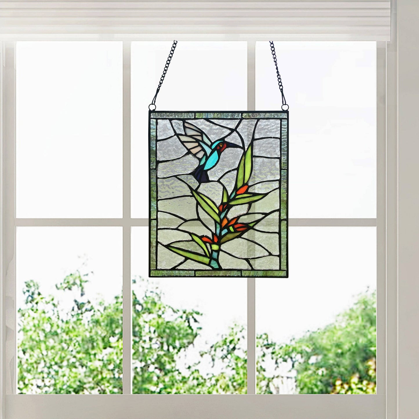 10"H Happy Hummingbird Stained Glass Window Panel