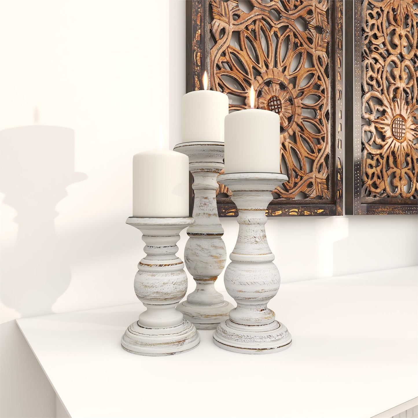 WHITE MANGO WOOD TURNED STYLE PILLAR CANDLE HOLDER